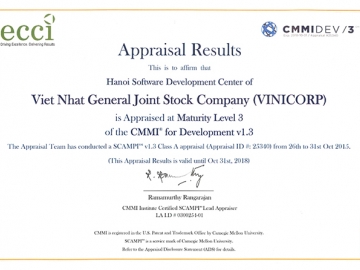 VINICORP đã đạt chứng chỉ CMMI level 3